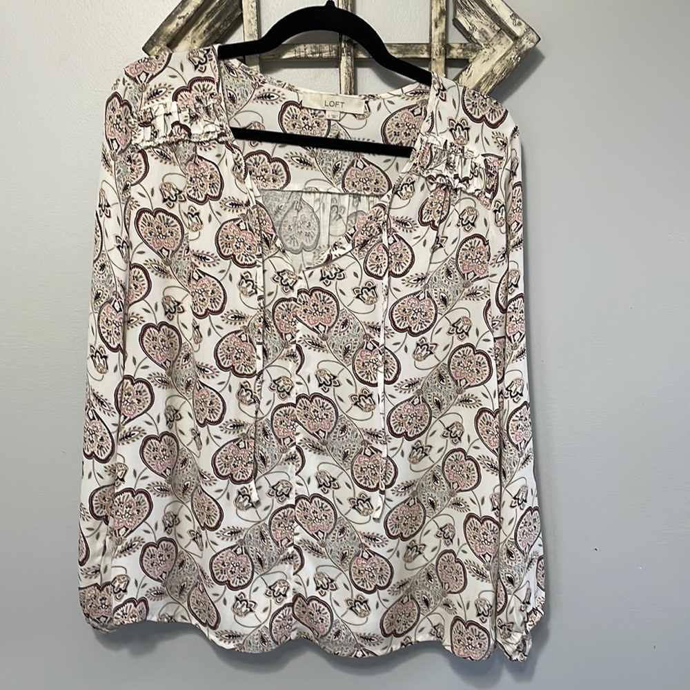 LOFT Tie Neck Paisley Mixed Media Long Sleeve Blouse